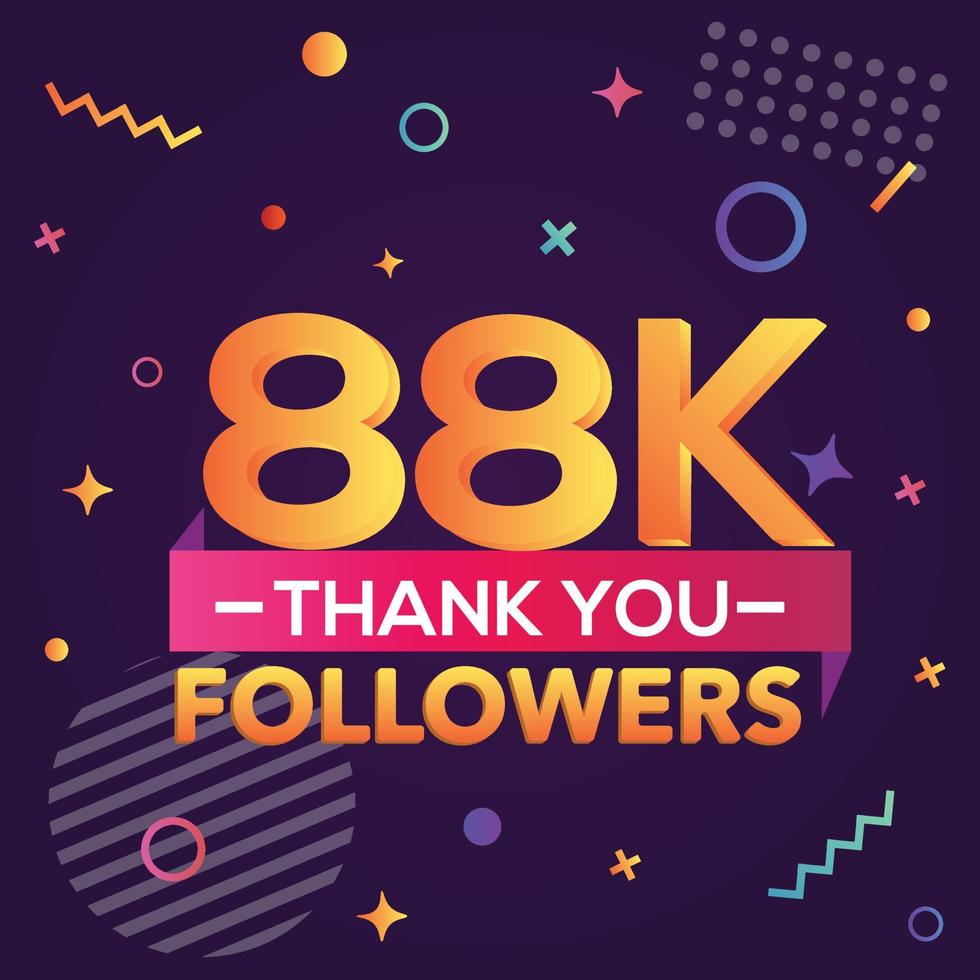Danke 88000 Follower, danke Banner. Erste 88.000 Follower-Glückwunschkarte mit geometrischen Figuren, Linien, Quadraten, Kreisen für soziale Netzwerke. Web-Blogger feiern eine große Anzahl von Abonnenten. vektor