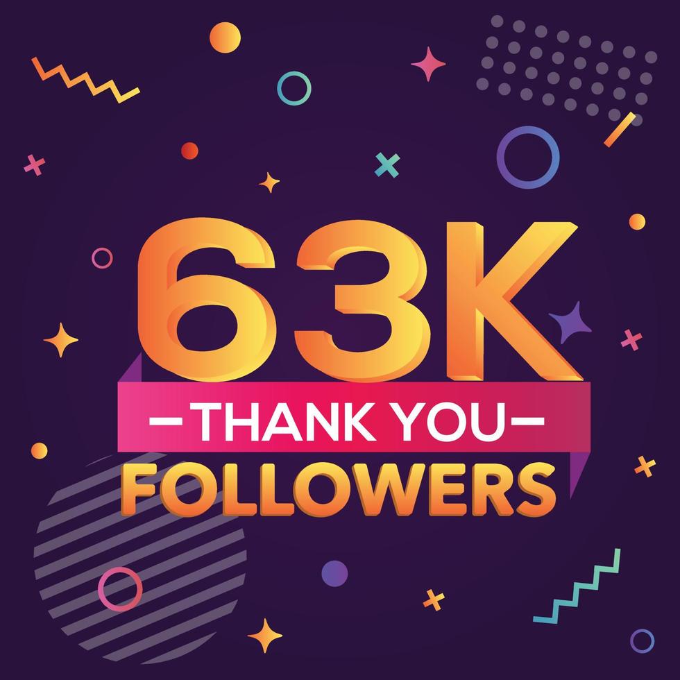 Danke 63000 Follower, danke Banner. Erste 63.000 Follower-Glückwunschkarte mit geometrischen Figuren, Linien, Quadraten, Kreisen für soziale Netzwerke. Web-Blogger feiern eine große Anzahl von Abonnenten. vektor