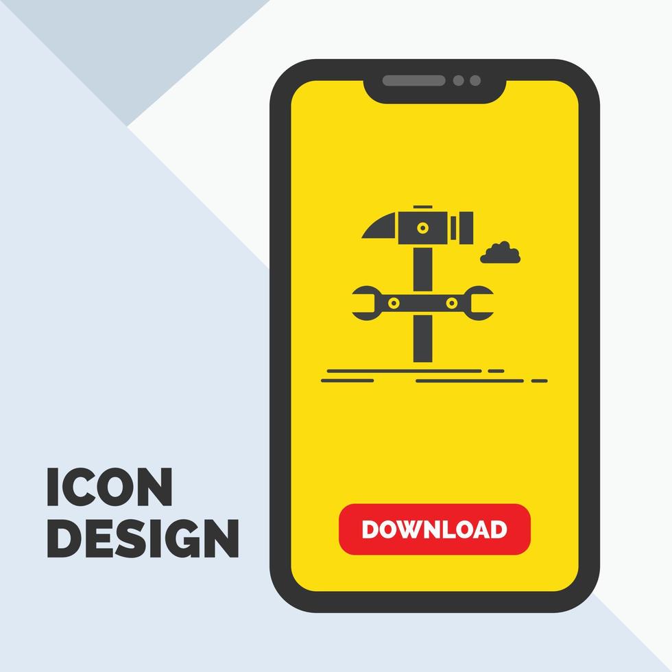 bauen. Ingenieurwesen. Hammer. Reparatur. Service-Glyphen-Symbol in Mobile für Download-Seite. gelber Hintergrund vektor