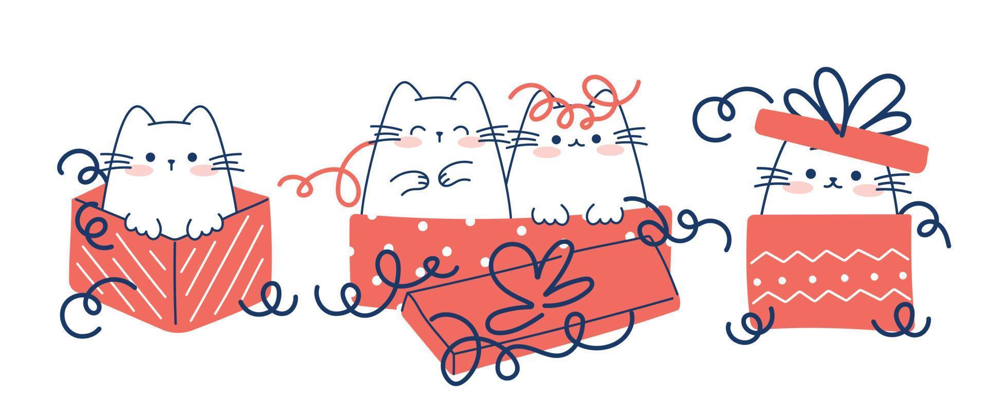 zeichne lustige katzen mit geschenkboxen für weihnachten und winter charaktersammlung lustige katzen für weihnachten und neujahr. Doodle-Cartoon-Stil. vektor