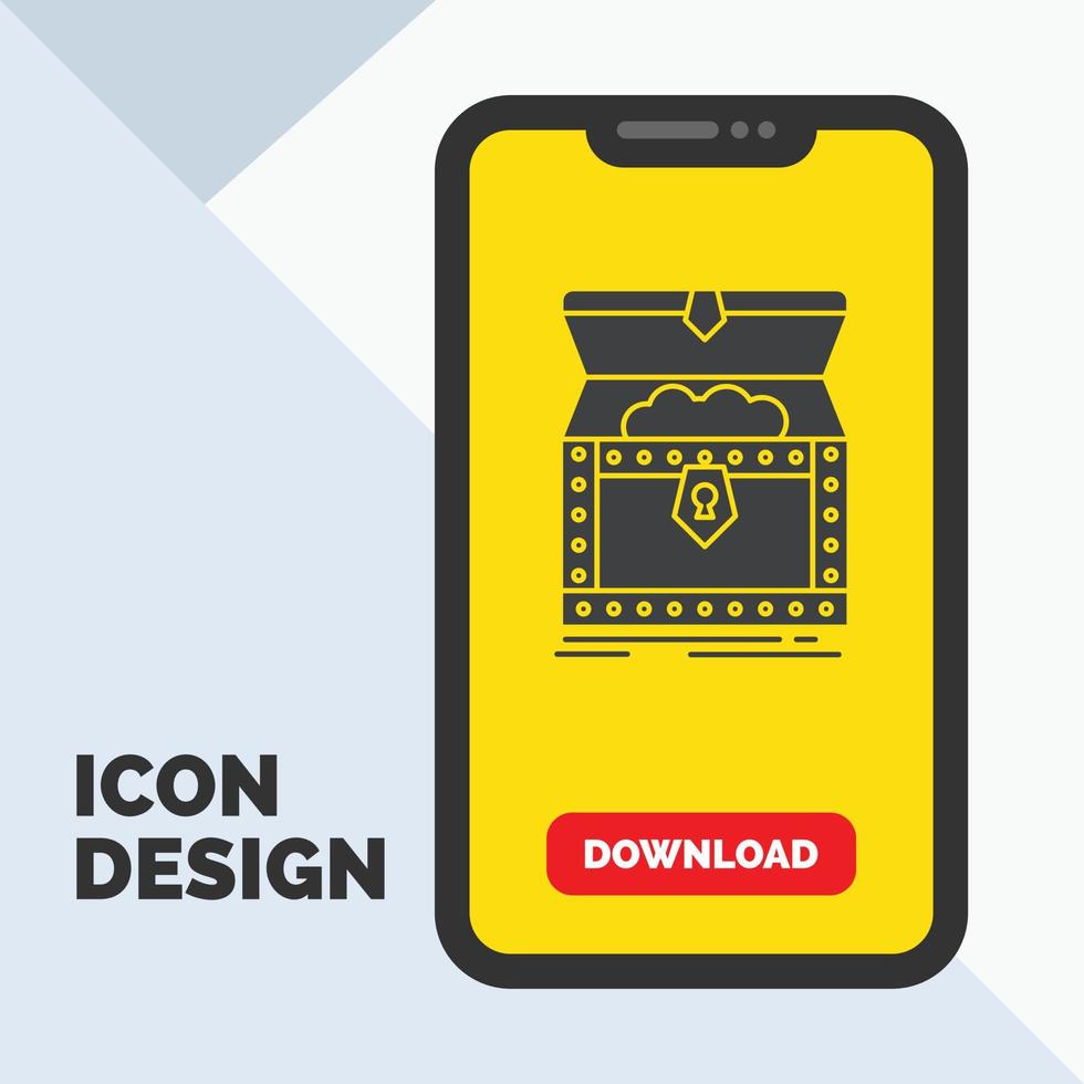 Kasten. Truhe. Gold. belohnen. Schatz-Glyphe-Symbol auf der Handy-Download-Seite. gelber Hintergrund vektor