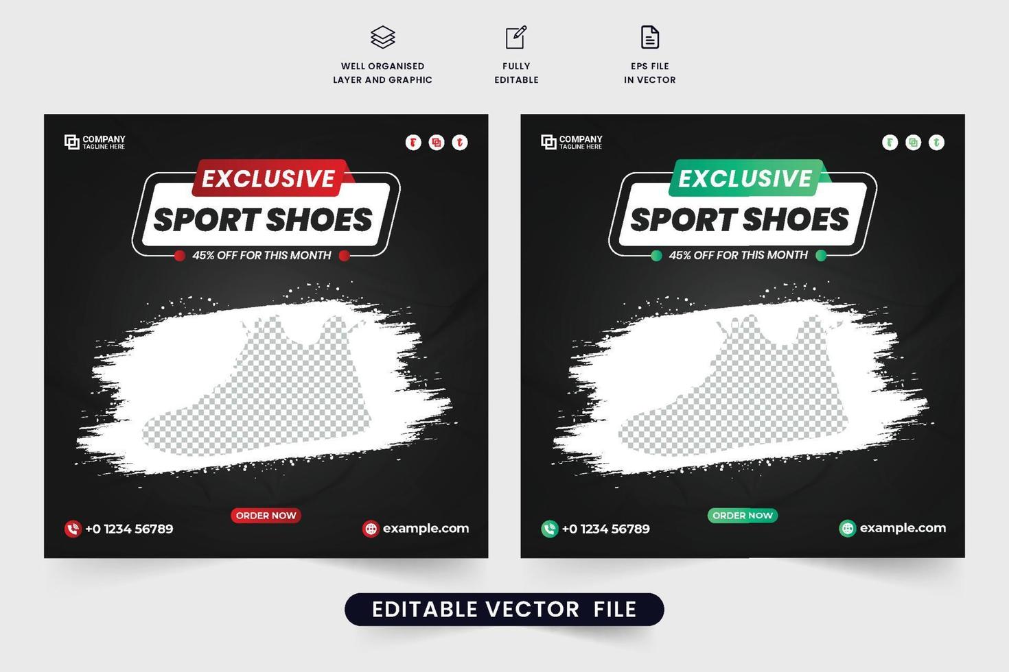 exklusives Sportschuh-Social-Media-Post-Design auf dunklem Hintergrund. kreatives schuhgeschäftsvorlagendesign für digitales marketing. moderner turnschuhverkaufsschablonenvektor mit pinseleffekten. vektor