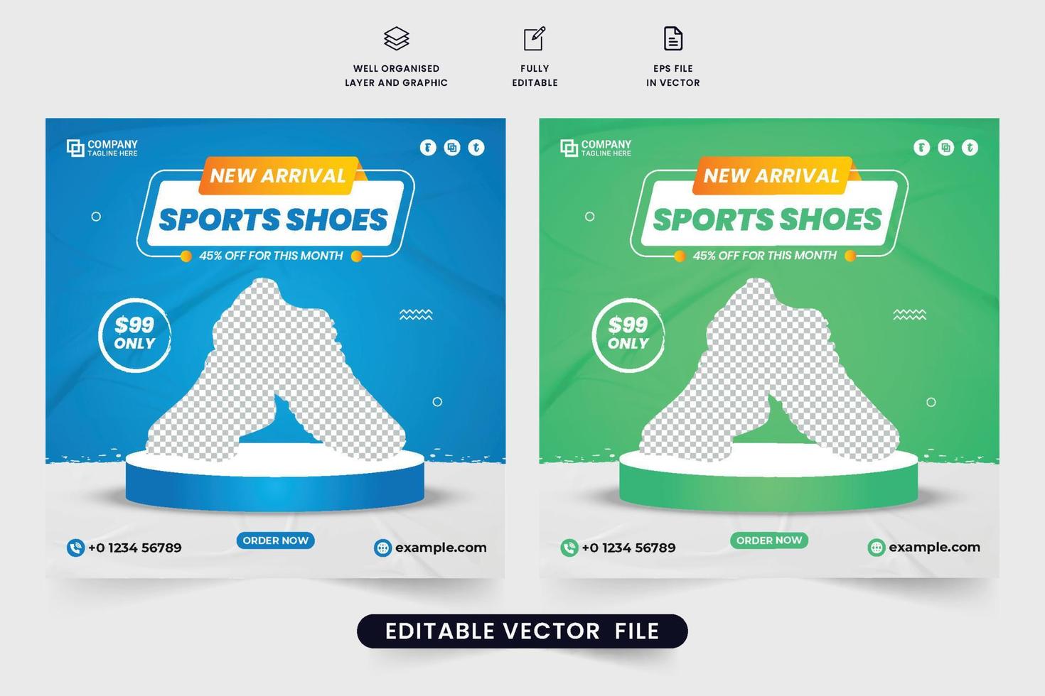 Werbe-Web-Banner-Vektor für Sportschuhe für Unternehmen. Sportturnschuh-Verkaufsvorlagendesign mit blauen und grünen Farben. exklusiver Schuhverkaufs-Social-Media-Postvektor für Online-Werbung. vektor