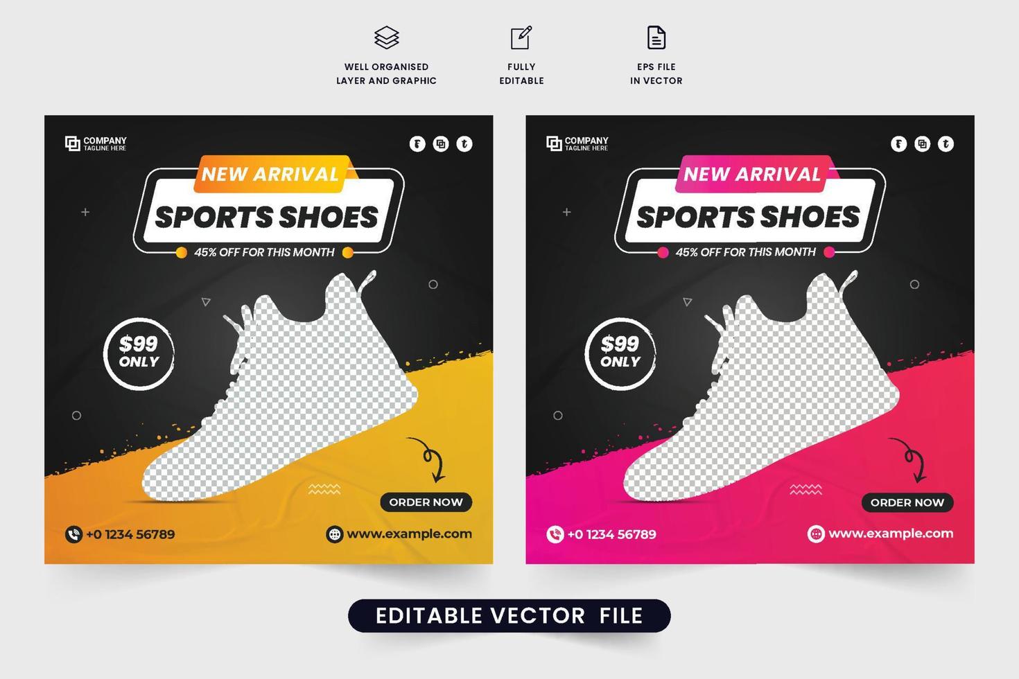 kreativer sportturnschuh-verkaufsvorlagenvektor mit gelben und rosa farben. sportmode-schuhmarken-promotion-vorlagendesign mit rabattangebotsabschnitt. moderne Werbung für Schuhgeschäfte. vektor