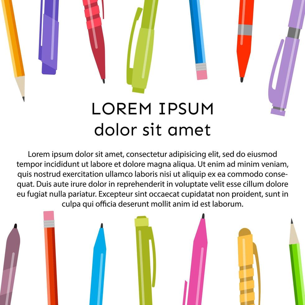 Hintergrund mit Stiften und Bleistiften und Platz für Ihren Text. Vektor-Illustration. vektor