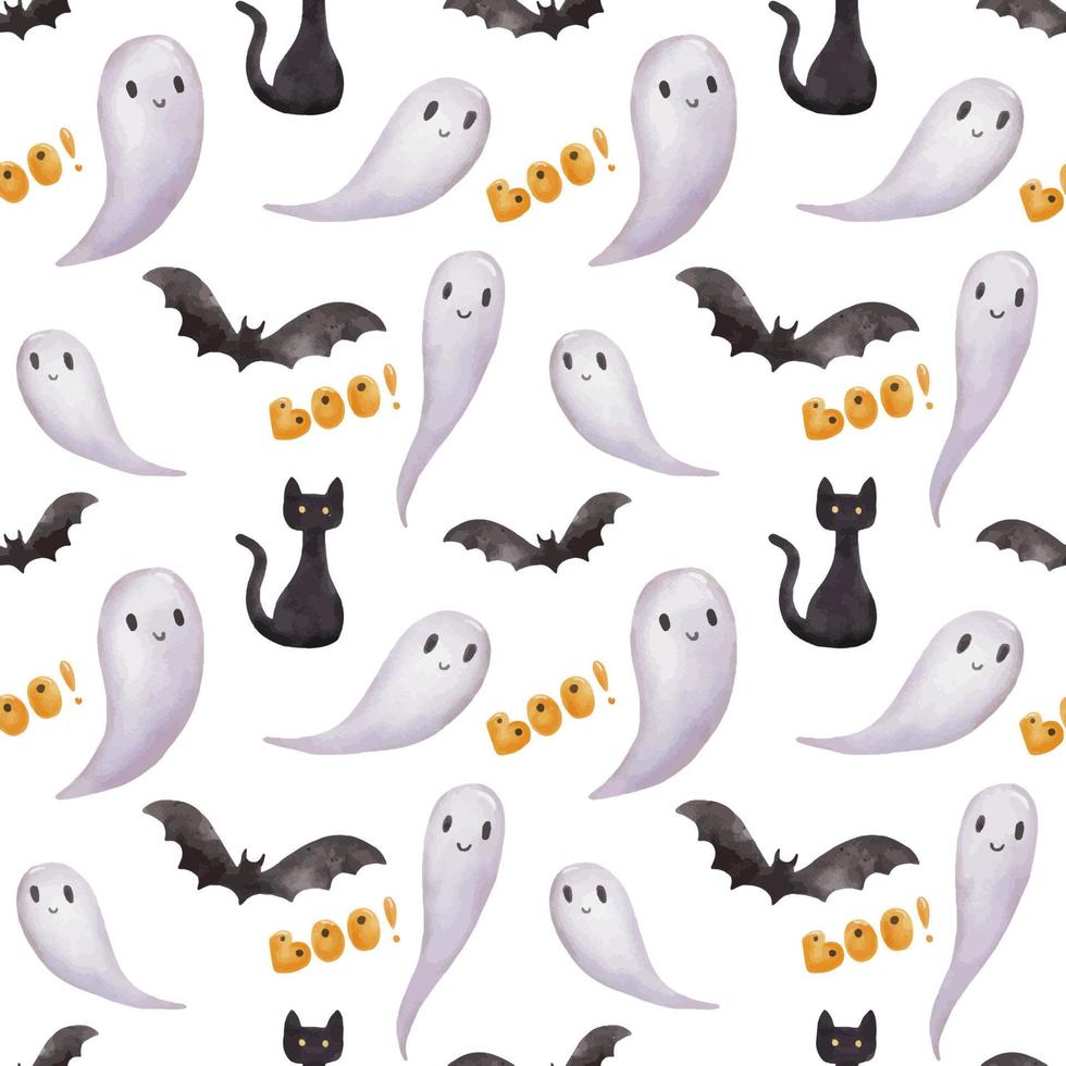 Nahtloses Muster für Halloween-Party mit Geist und Fledermaus. helles aquarell endloses muster auf weiß vektor