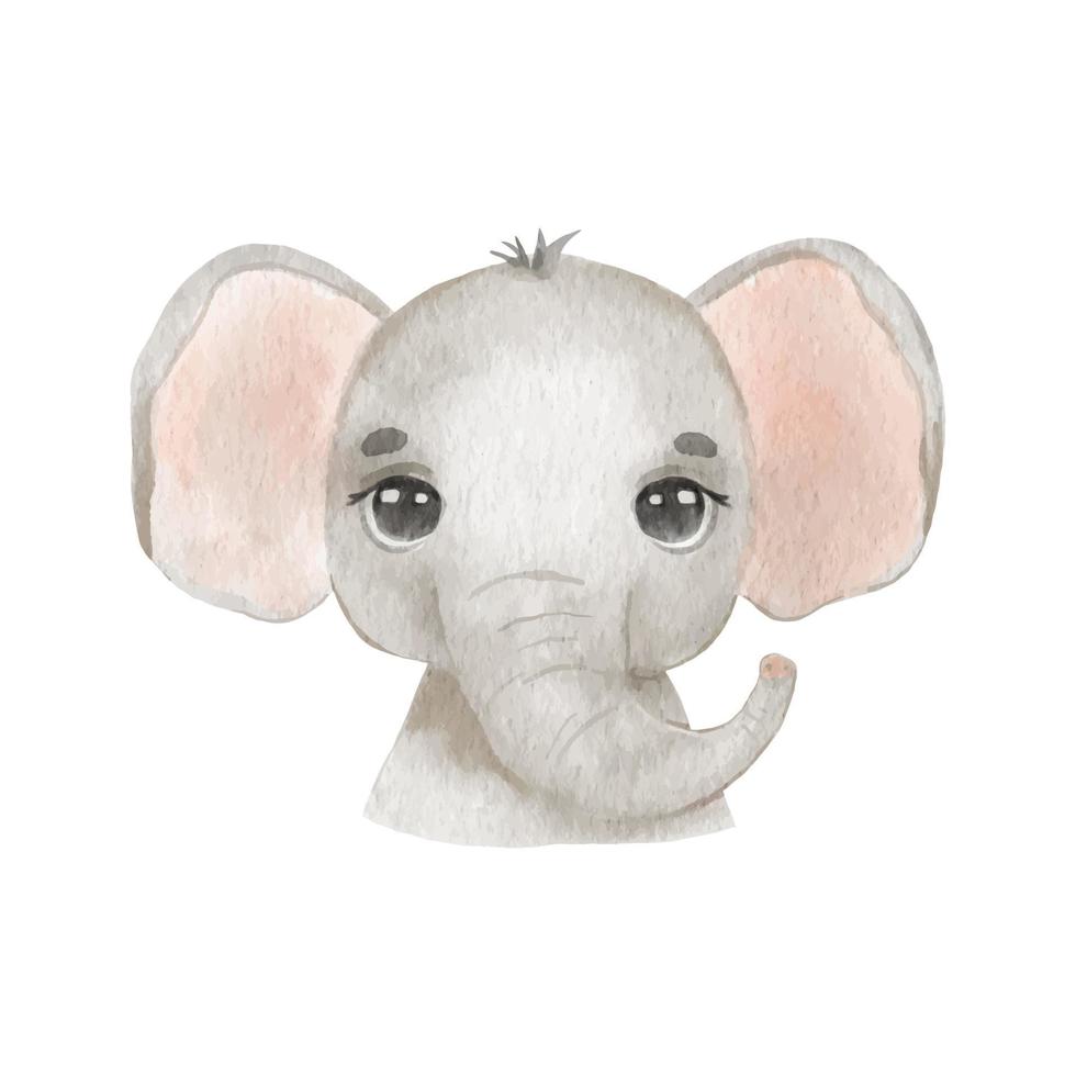 süßer Porträt-Elefantenkopf im Cartoon-Stil. Zeichnendes afrikanisches Baby-wildes Elefantengesicht lokalisiert auf weißem Hintergrund. aquarell süßer leopard vektor