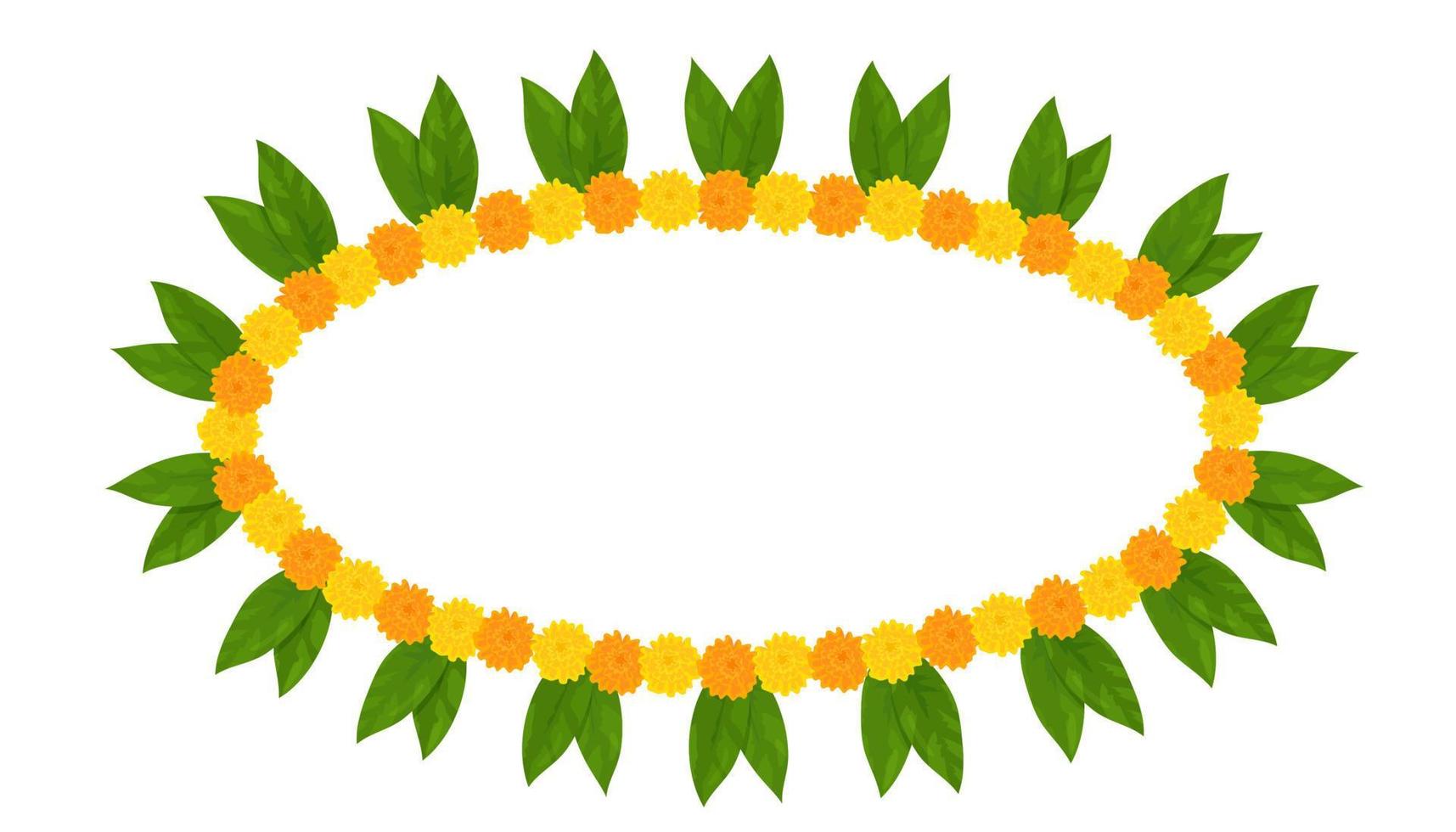 traditioneller indischer blumengirlandenrahmen mit ringelblumen und mangoblättern. Dekoration für indische hinduistische Feiertage. Vektor-Illustration isoliert auf weißem Hintergrund. vektor