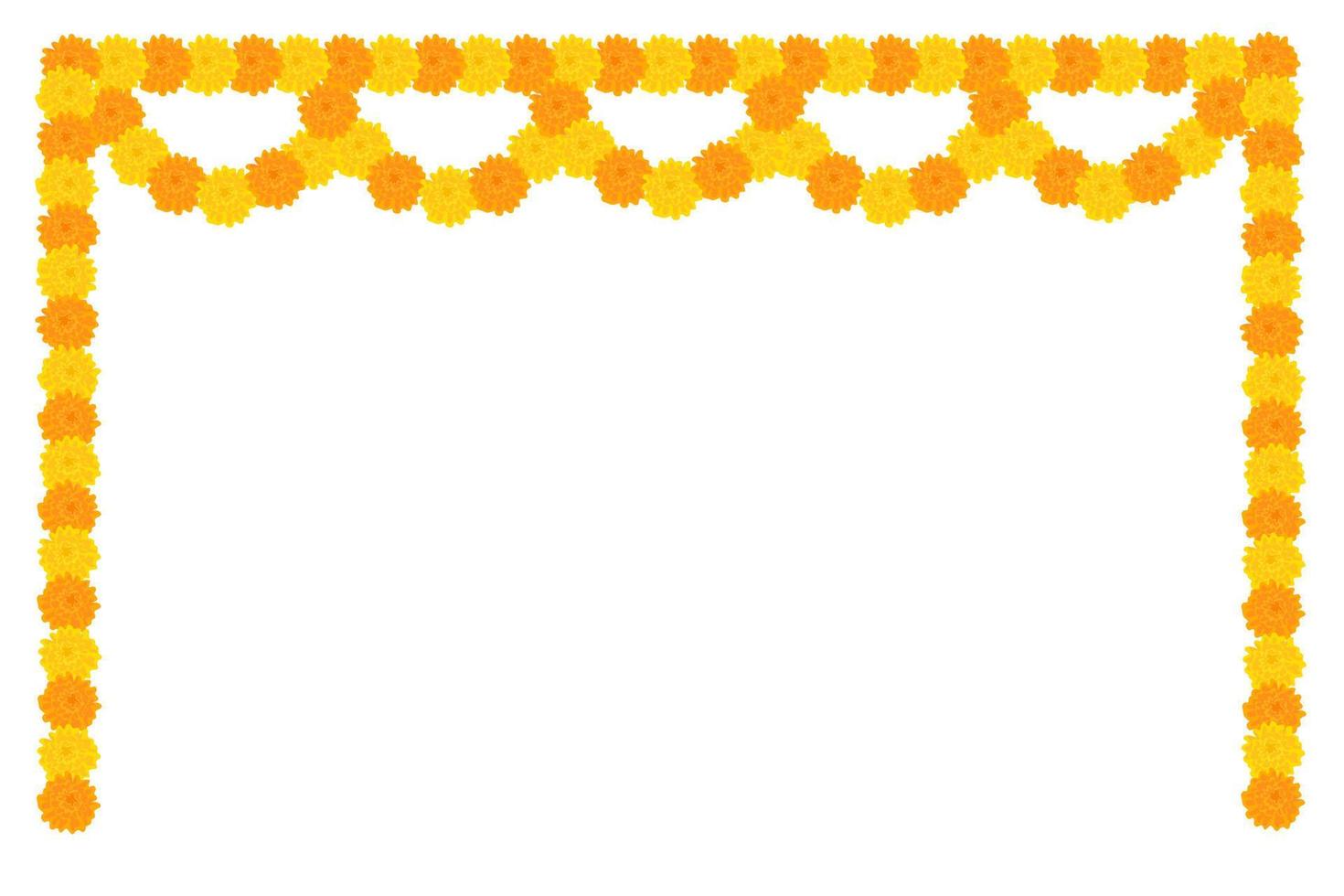 traditioneller indischer blumengirlandenrahmen mit ringelblumenblumen. Dekoration für indische hinduistische Feiertage. Vektor-Illustration isoliert auf weißem Hintergrund. vektor
