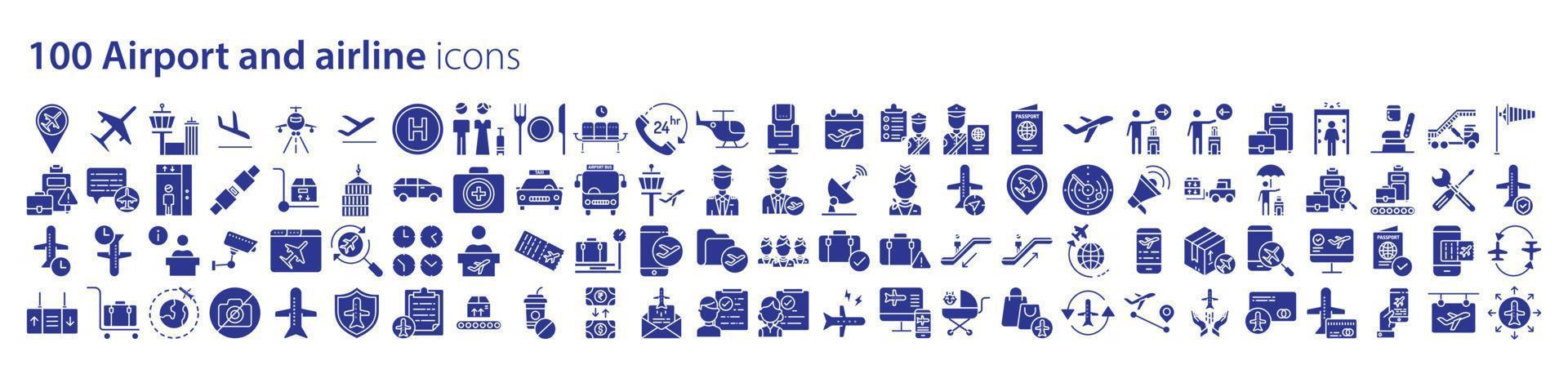 Sammlung von Symbolen im Zusammenhang mit Flughäfen und Fluggesellschaften, einschließlich Symbolen wie Flugzeug, Gepäck, Flug und mehr. Vektorgrafiken, pixelgenau vektor
