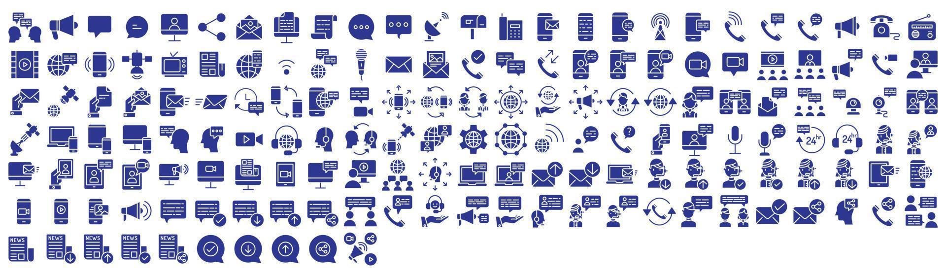 Sammlung von Symbolen im Zusammenhang mit Messaging und Kommunikation, einschließlich Symbolen wie Telefonanruf, Radio, Mikrofon und mehr. Vektorgrafiken, pixelgenau vektor