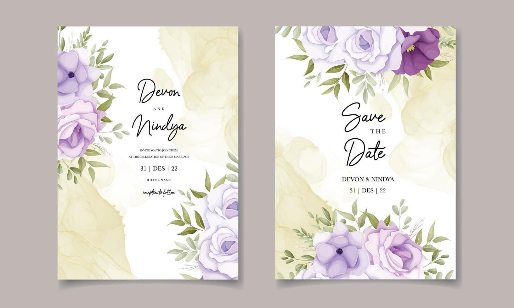 elegant bröllop inbjudan kort med lila blomma dekoration vektor