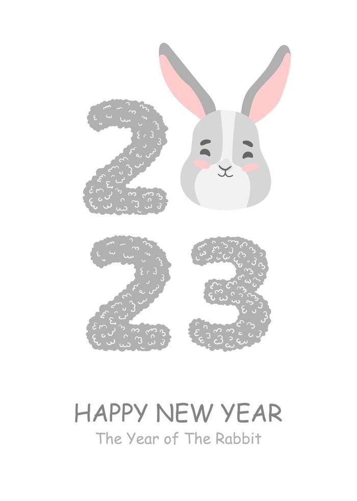 frohes neues jahr 2023. chinesisches mondneujahr 2023, jahr des kaninchens. große Zahlen mit niedlichem Häschen, Hase. hintergrunddesign für feiertagsdekor, karte, poster, banner, flyer vektor