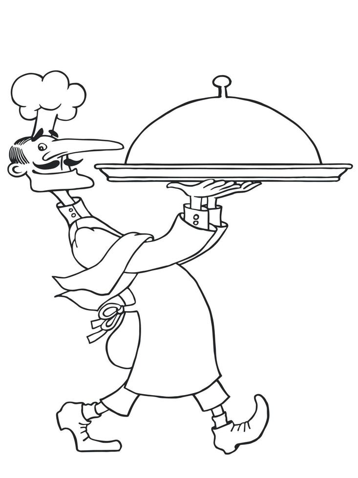 Skizze eines Kochs mit einem Gericht. Emblem für die Speisekarte des Hotels, Cafés oder Restaurants. vektor