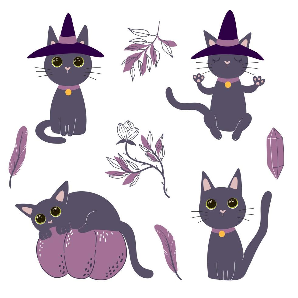 Satz einer süßen Cartoon-Katze in einem Hexenhut in verschiedenen Posen mit Federn und Blumen. Halloween süßes Maskottchen vektor