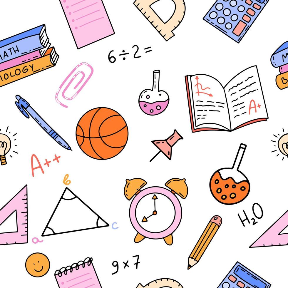 färgrik vektor sömlös mönster med basketboll boll, stift, trianglar, larm klocka, anteckningsbok, böcker, penna och summor
