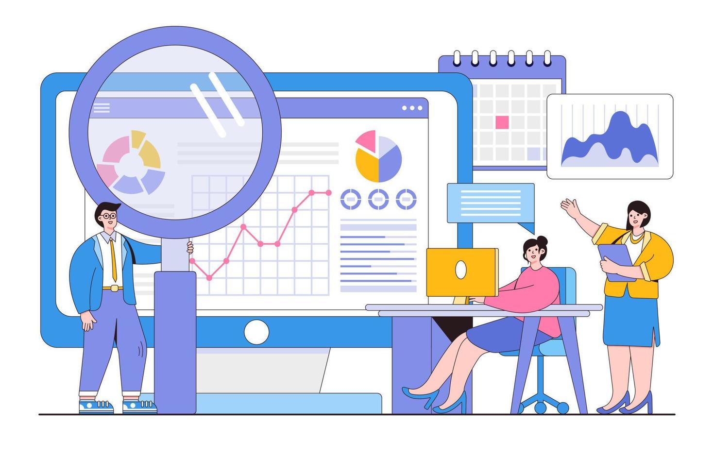 platt data analys, statistisk för företag finansiera investering på övervaka Graf instrumentbräda begrepp. översikt design stil minimal vektor illustration