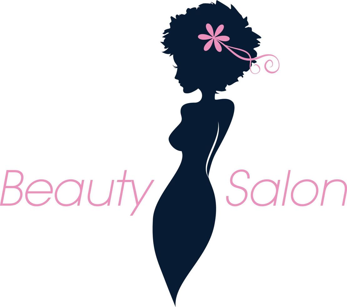 eine Frau mit einer kurvigen Figur, einer Afro-Frisur und einem rosa Blumensymbol. vektor