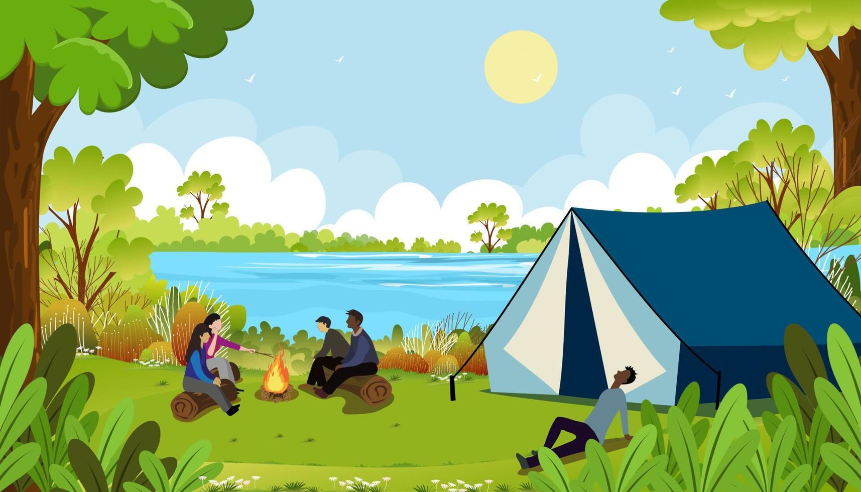 Familie genießt Feriencamping am Fluss auf dem Land im Frühling, Vektorsommercamping mit einer Gruppe von Menschen, die in der Nähe des Zeltes sitzen, Lagerfeuer, das Spaß beim gemeinsamen Reden hat vektor