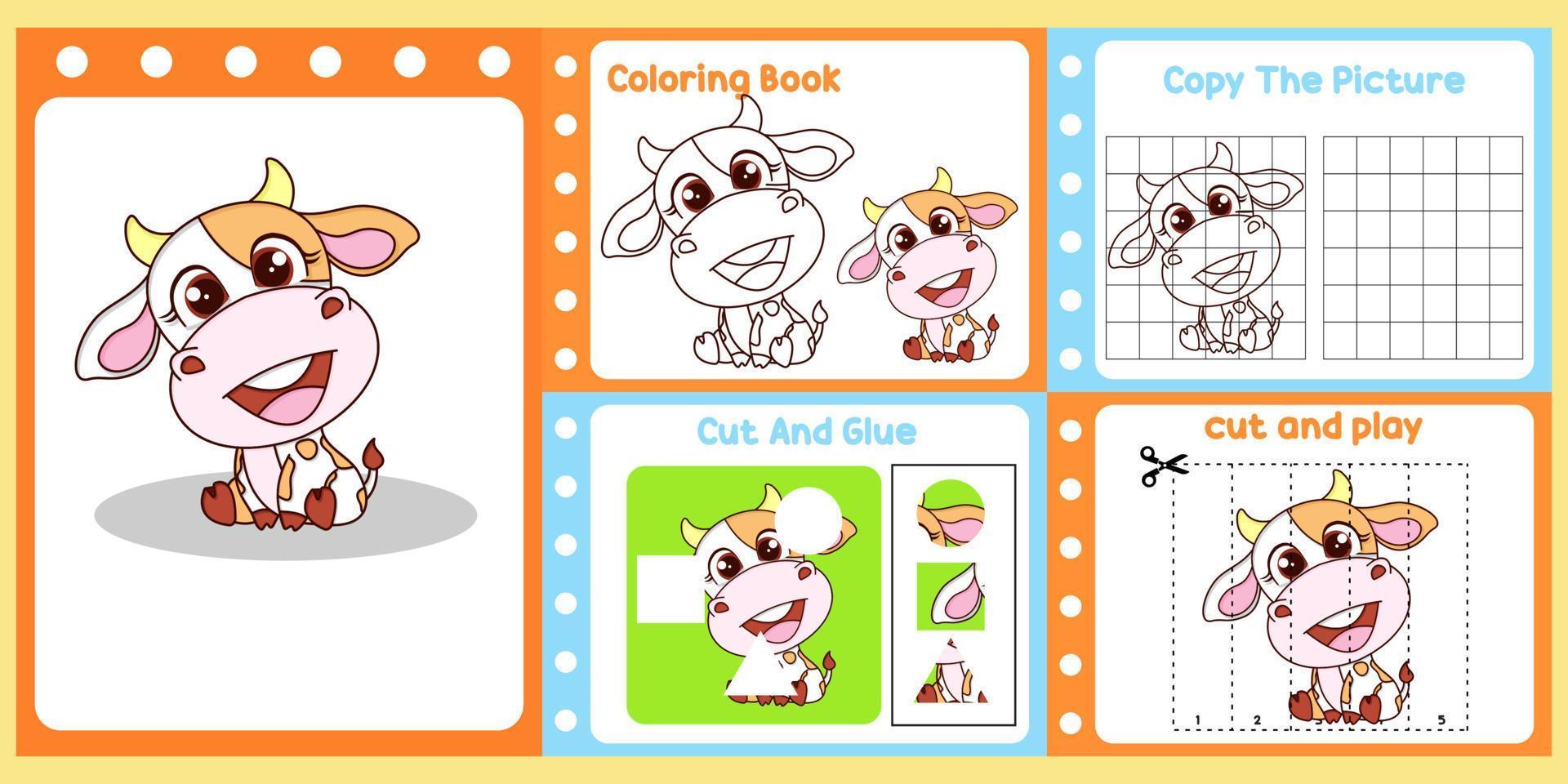 kalkylblad packa för barn med ko vektor. barns studie bok vektor