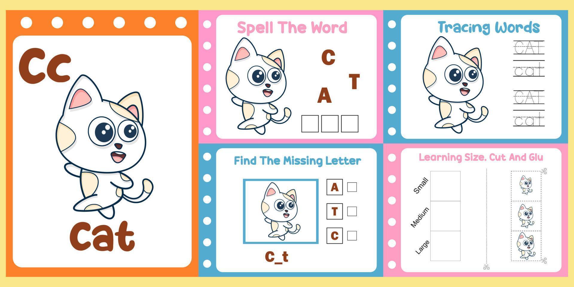 kalkylblad packa för barn med katt vektor. barns studie bok vektor