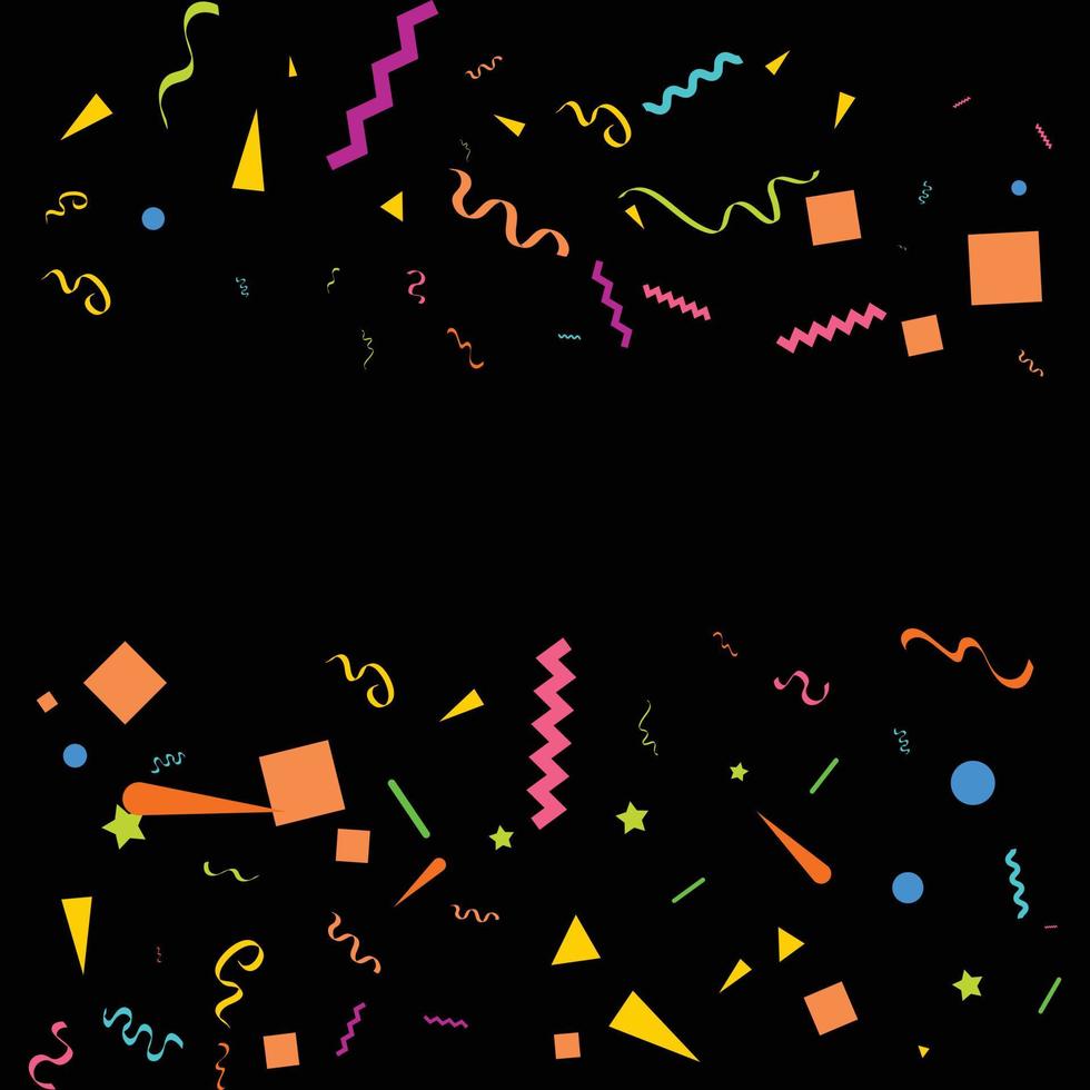 vektor abstrakt svart bakgrund med många faller mycket liten färgrik konfetti bitar och band. karneval. jul eller ny år dekoration färgrik fest vimplar för födelsedag. festival