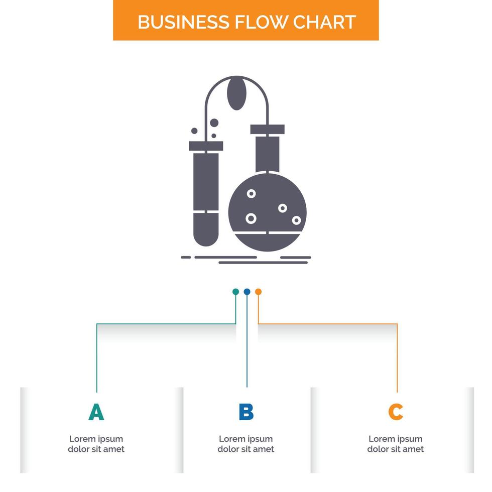 testen. Chemie. Flasche. Labor. Design von Flussdiagrammen für Wissenschaftsunternehmen mit 3 Schritten. Glyphensymbol für Präsentationshintergrundvorlage Platz für Text. vektor