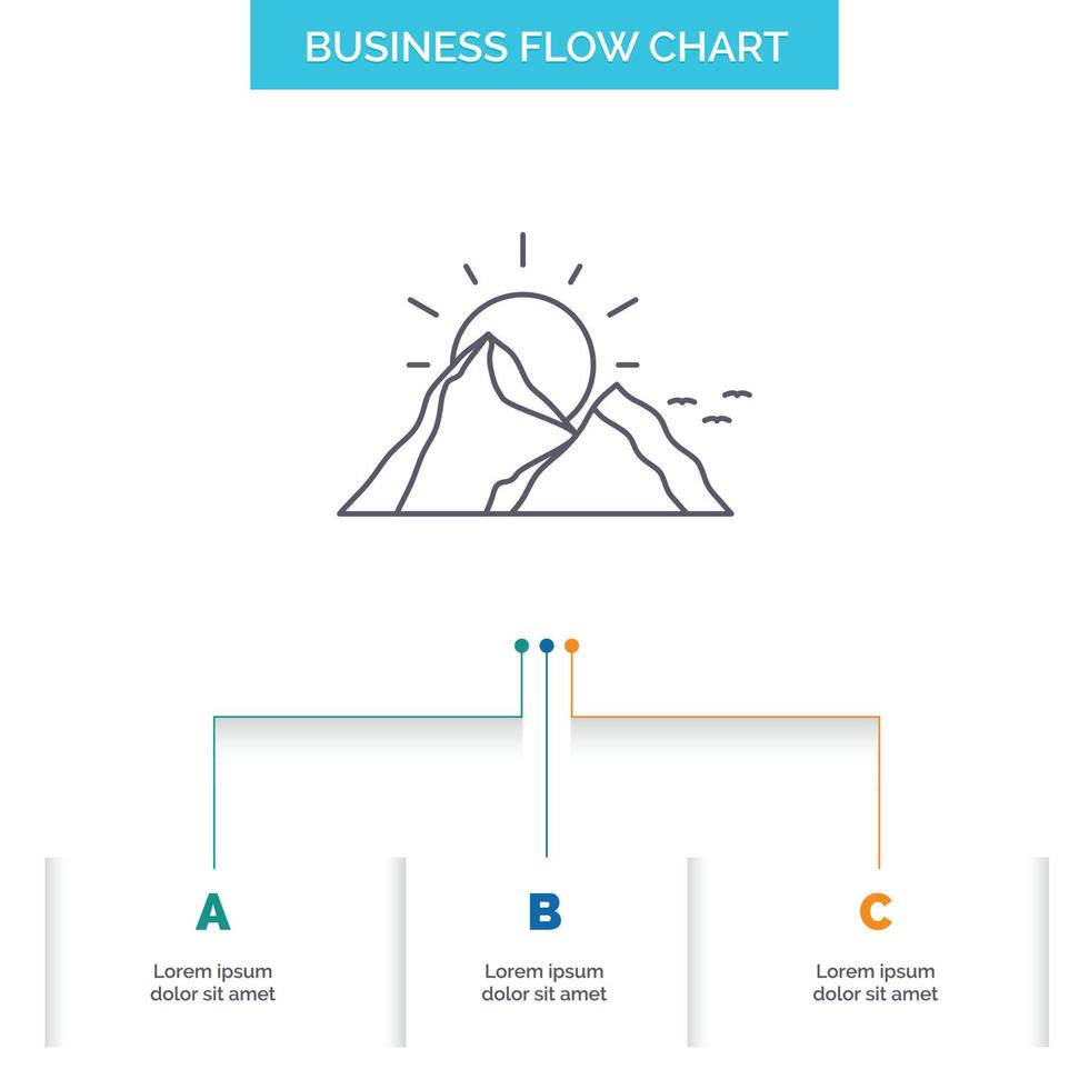kulle. landskap. natur. berg. Sol företag strömma Diagram design med 3 steg. linje ikon för presentation bakgrund mall plats för text vektor
