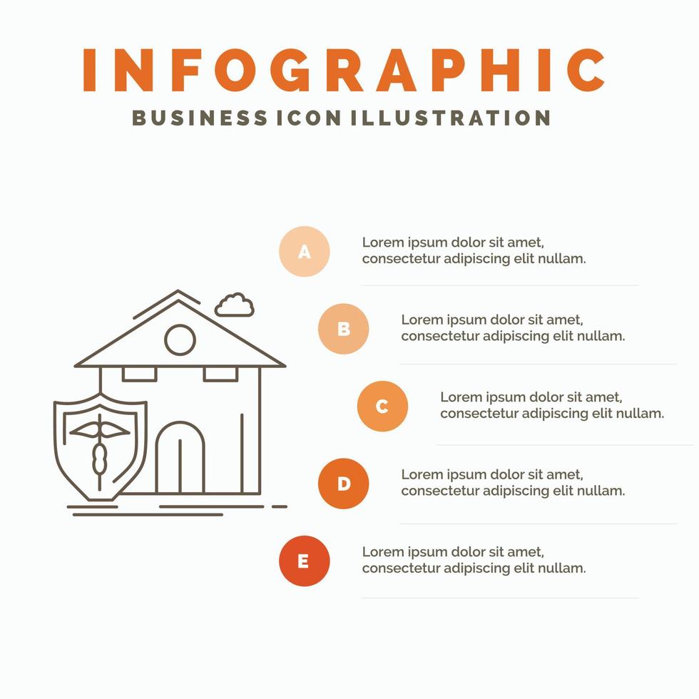 Versicherung. Heimat. Haus. Unfall. Schutz-Infografik-Vorlage für Website und Präsentation. Linie graues Symbol mit orangefarbener Infografik-Stil-Vektorillustration vektor