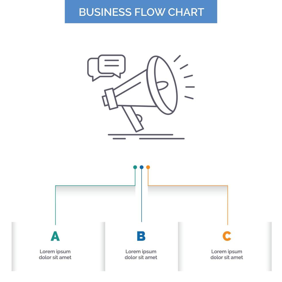 marknadsföring. megafon. meddelande. kampanj. befordran företag strömma Diagram design med 3 steg. linje ikon för presentation bakgrund mall plats för text vektor