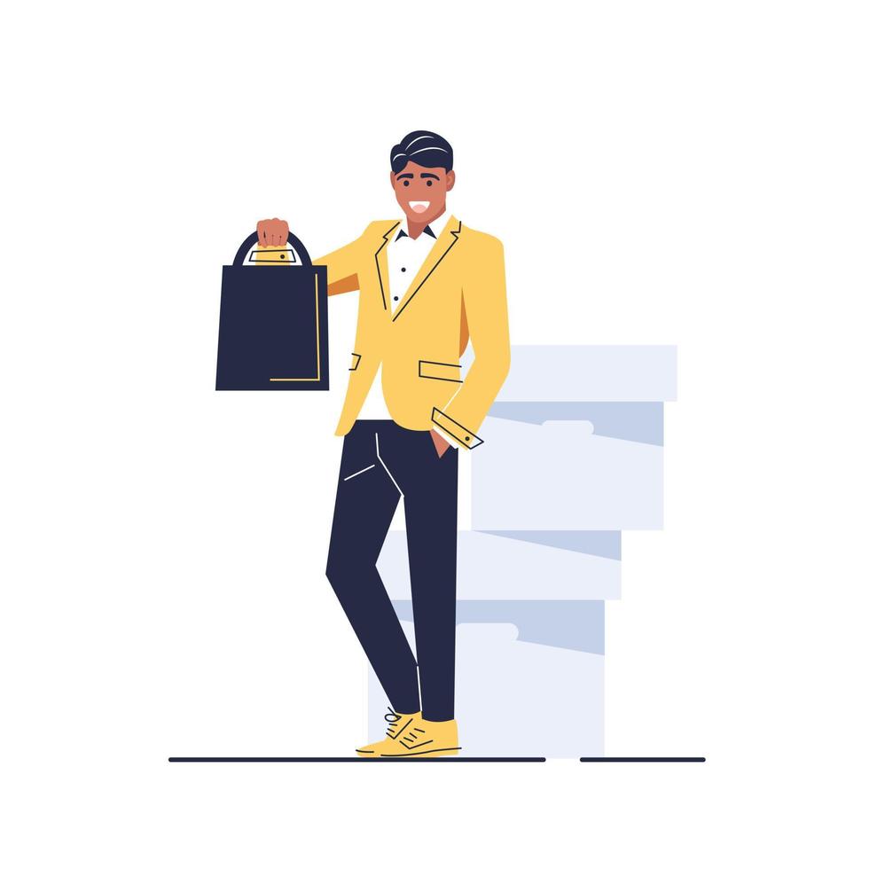 de man med de paket, moderiktiga. vektor illustration i tecknad serie stil, shopping man