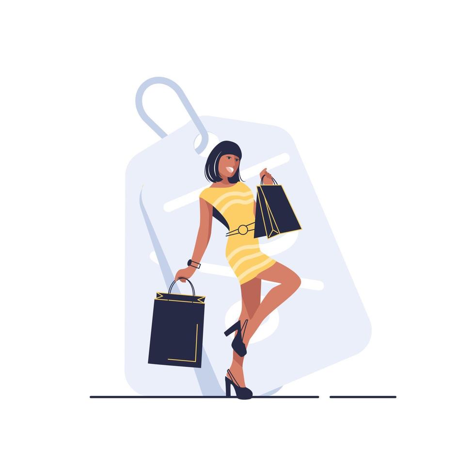 de flicka med de paket, vackra kvinna är shopping, moderiktigt. vektor illustration i tecknad serie stil