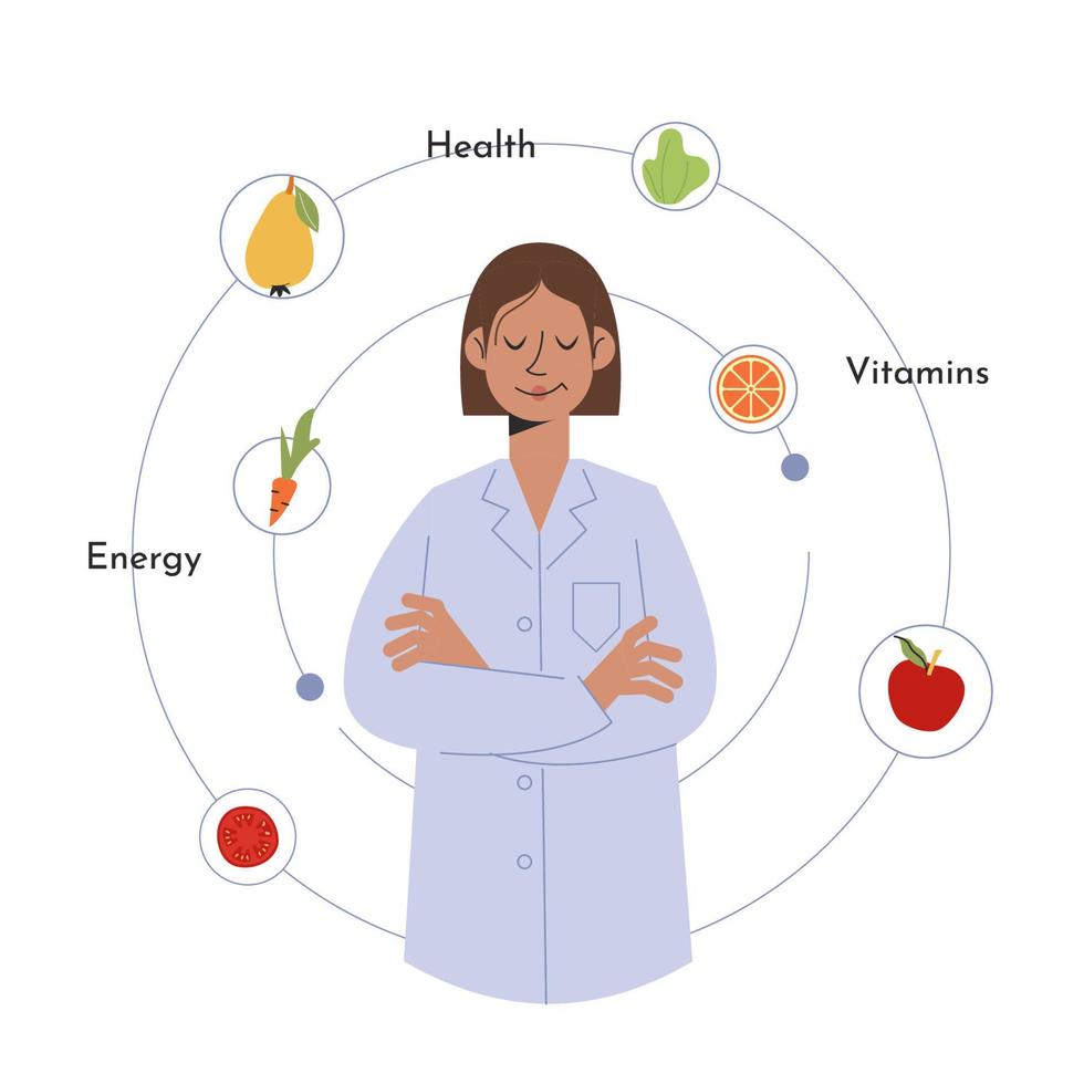 dietist läkare. begrepp av friska livsstil och organisk mat. hälsa vård. vektor stock illustration i platt stil på vit bakgrund.