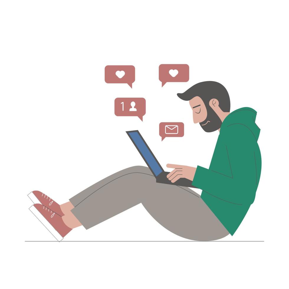en ung man sitter på de golv och utseende på en bärbar dator. man bläddrar social nätverk. popularitet på de internet, ny följare, meddelanden. vektor stock illustration i platt stil på vit bakgrund.
