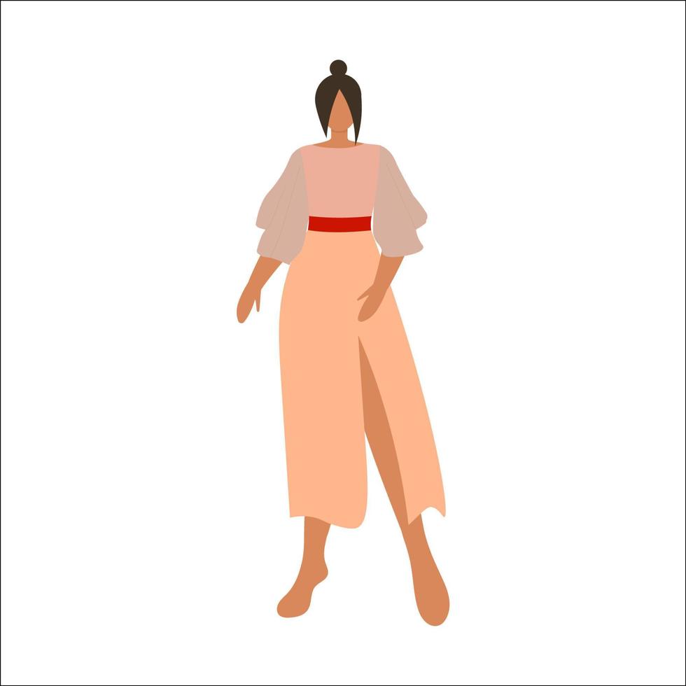 illustration av en ung kvinna modell i pastell färger. modern eleganta kläder. mode illustration i platt stil på en vit bakgrund. vektor