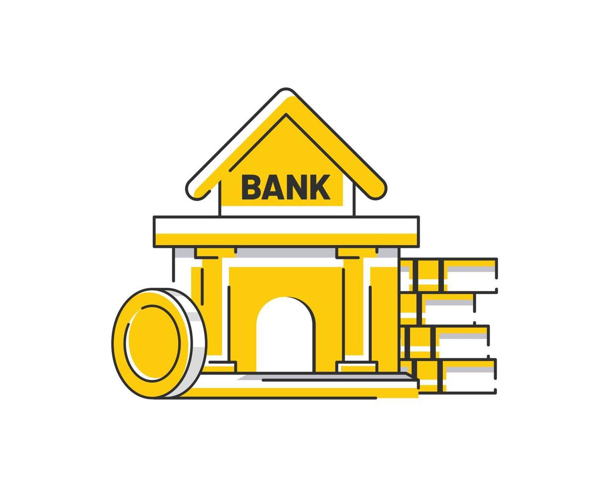Bank byggnad, Bank finansiering, pengar utbyta, finansiell tjänster, bankomat, begrepp för webb sida, platt design ikon vektor illustration