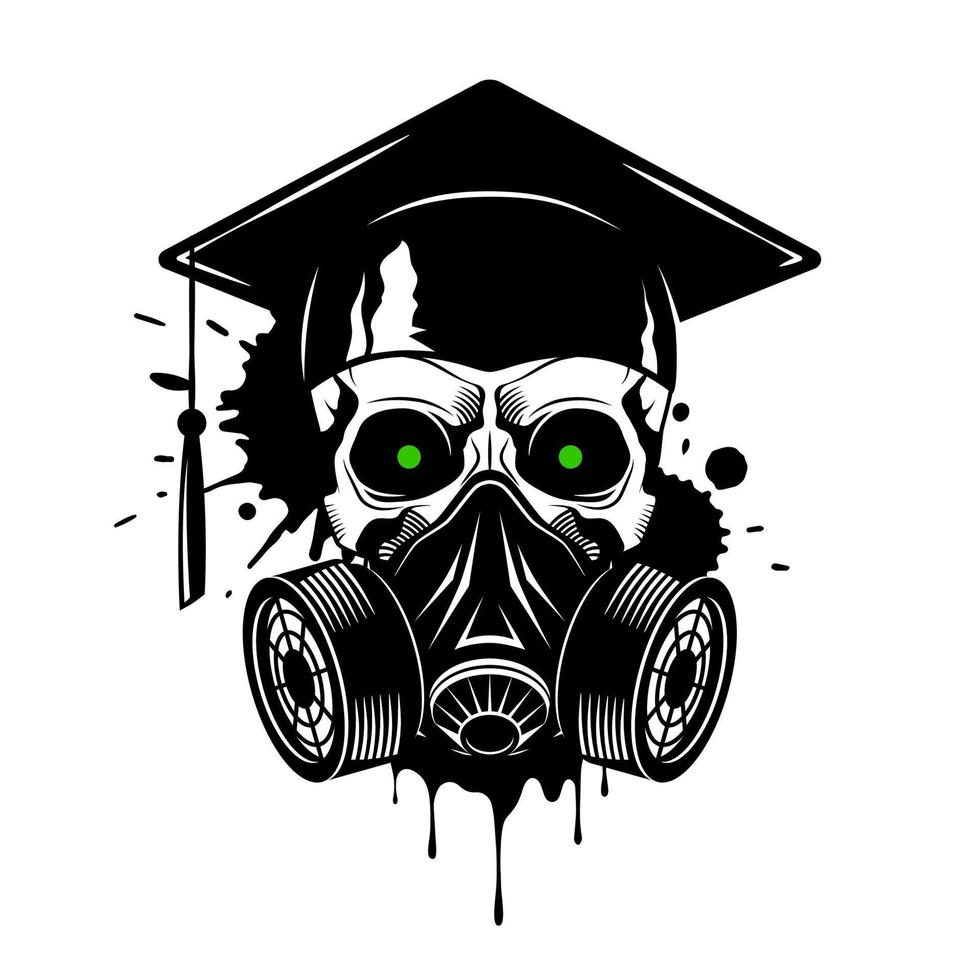 mänsklig skalle med gas mask och examen keps. måla stänk och droppar på vit bakgrund. grunge vektor illustration