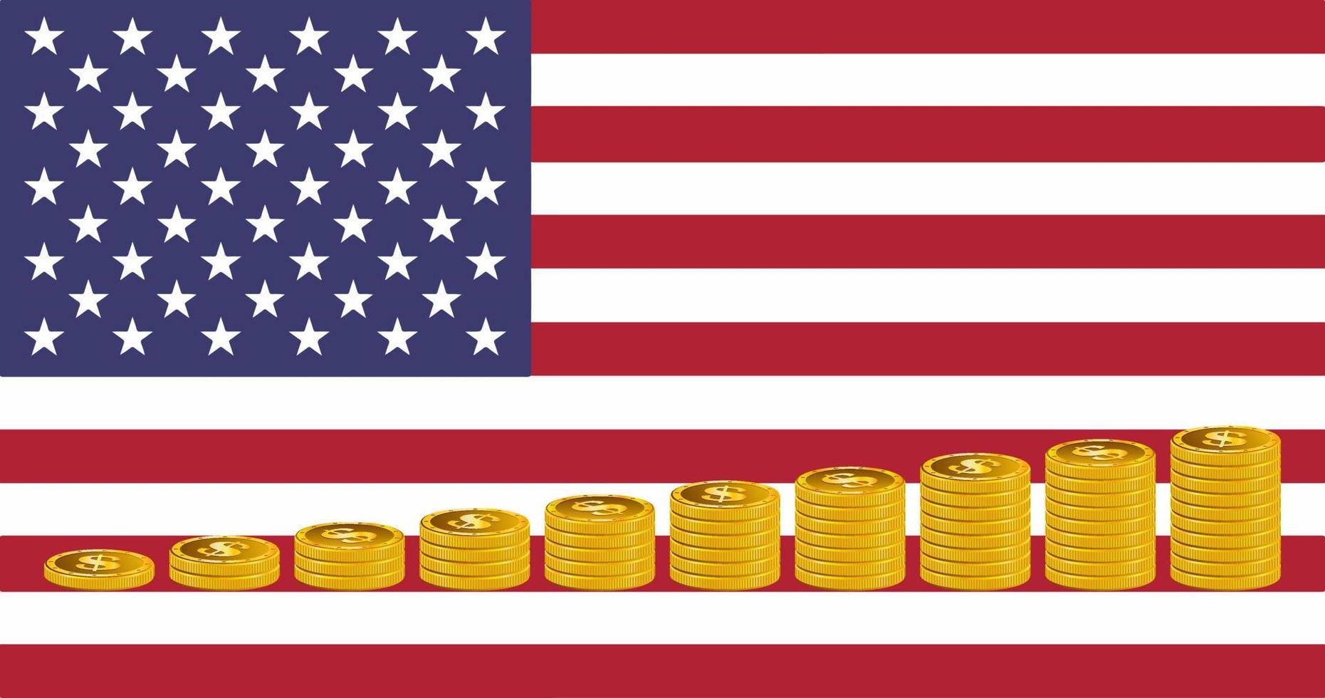 stackar av guldfärgad dollar mynt på de bakgrund av de USA flagga. vektor