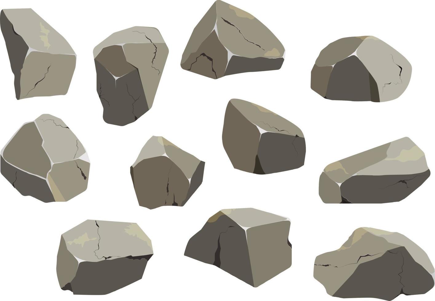 Sammlung von Steinen in verschiedenen Formen und Büschen. Küstenkiesel, Kopfsteinpflaster, Kies, Mineralien und geologische Formationen. Gesteinsfragmente, Felsbrocken und Baumaterial. vektor