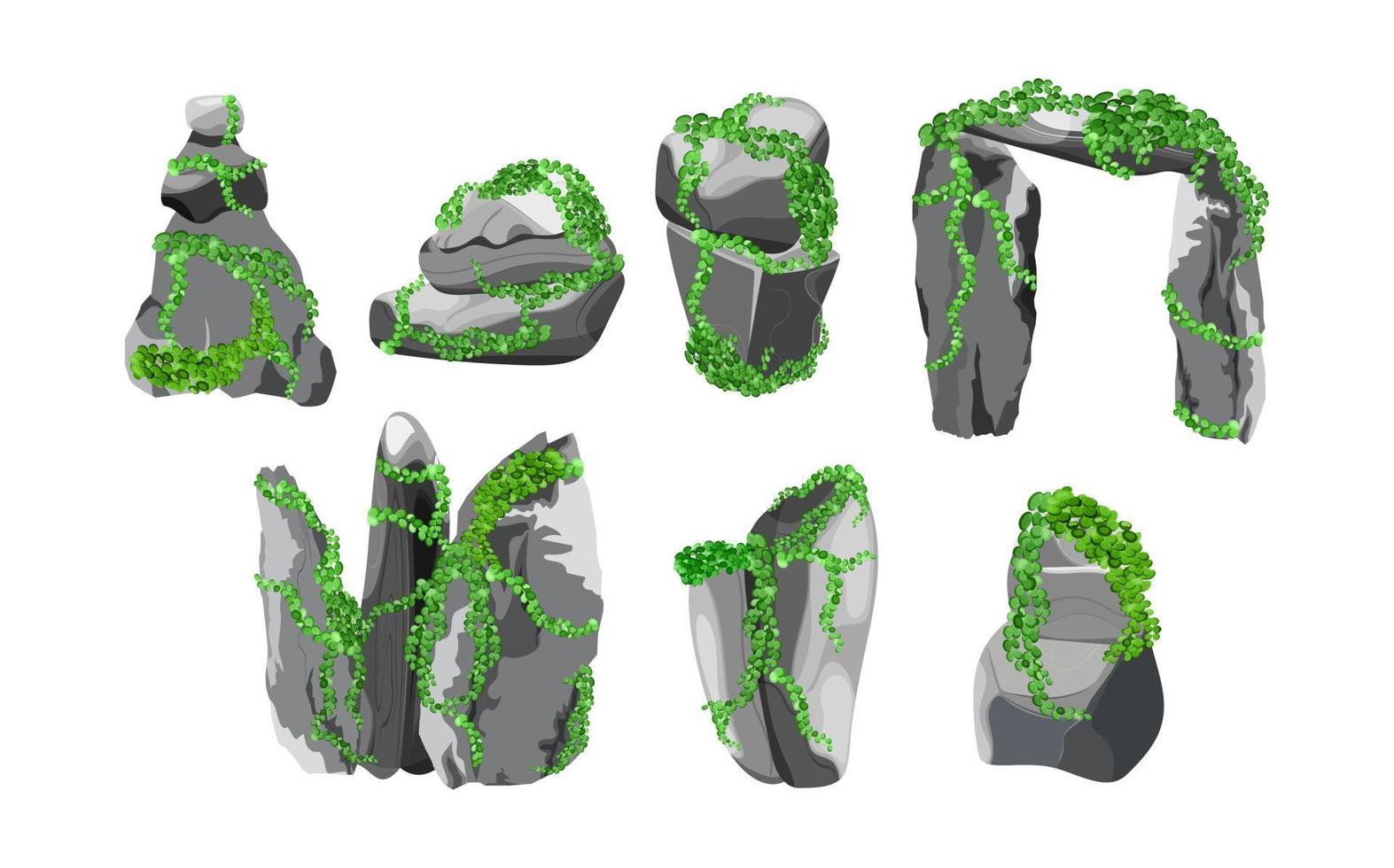 Sammlung von Steinen und Pflanzen verschiedener Formen. Küstenkiesel, Kopfsteinpflaster, Kies, Mineralien und geologische Formationen. Gesteinsfragmente, Felsbrocken und Baumaterial. vektor