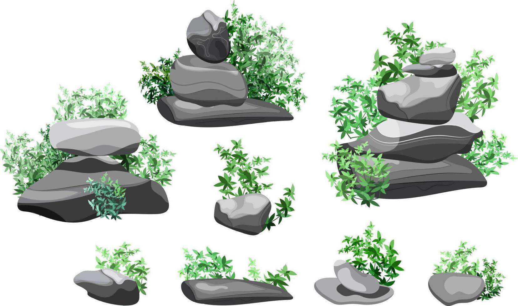 samling av stenar och växter av olika former.kustnära småsten, kullerstenar, grus, mineraler och geologisk formationer.rock fragment, stenblock och byggnad material. vektor