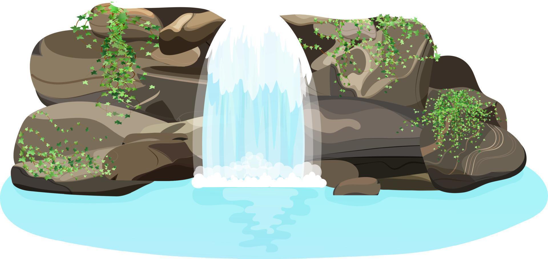 Satz natürlicher tropischer Landschaft mit einem Wasserfall, der zwischen Felsen und Steinen fließt. ein wasserstrom fließt in einen blauen see, der mit wilden büschen und bäumen bewachsen ist. vektor