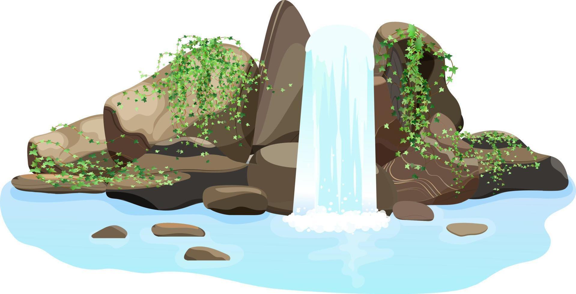 Satz natürlicher tropischer Landschaft mit einem Wasserfall, der zwischen Felsen und Steinen fließt. ein wasserstrom fließt in einen blauen see, der mit wilden büschen und bäumen bewachsen ist. vektor
