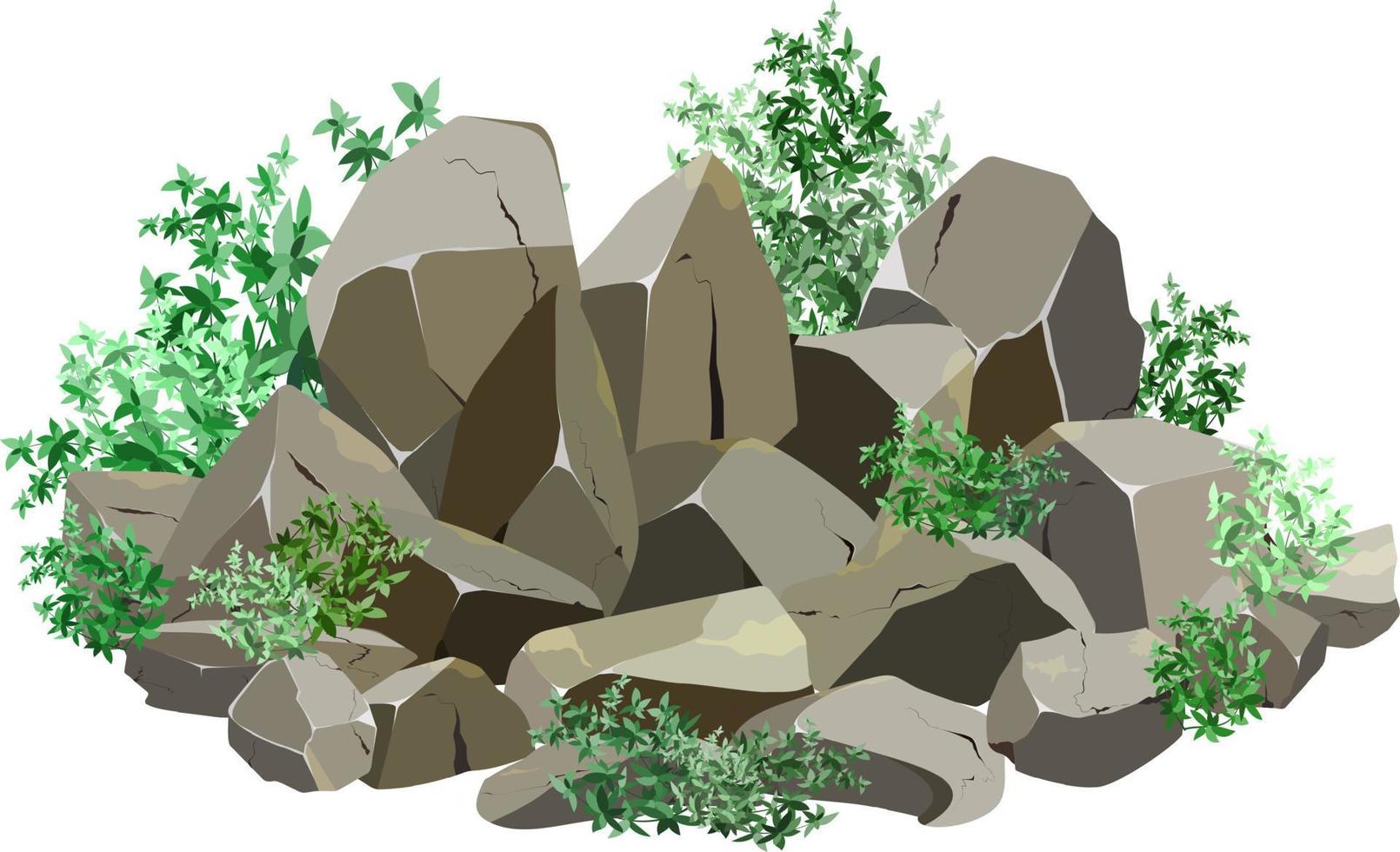 samling av stenar av olika former och växter.kustnära småsten, kullerstenar, grus, mineraler och geologisk formationer.rock fragment, stenblock och byggnad material.vektor illustration . vektor