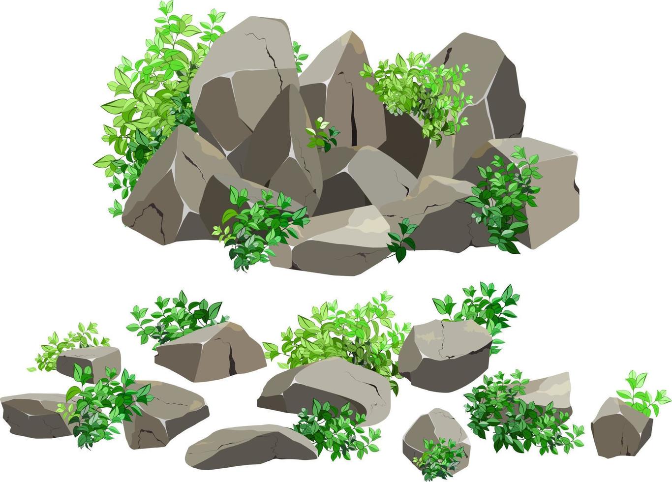 sammlung von steinen verschiedener formen und pflanzen. küstenkiesel, kopfsteinpflaster, kies, mineralien und geologische formationen. felsfragmente, felsbrocken und baumaterial. vektorillustration. vektor