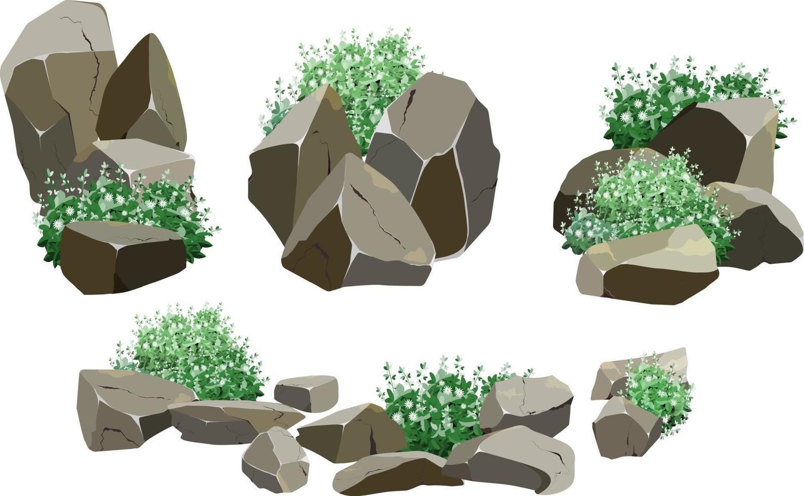 sammlung von steinen verschiedener formen und pflanzen. küstenkiesel, kopfsteinpflaster, kies, mineralien und geologische formationen. felsfragmente, felsbrocken und baumaterial. vektorillustration. vektor