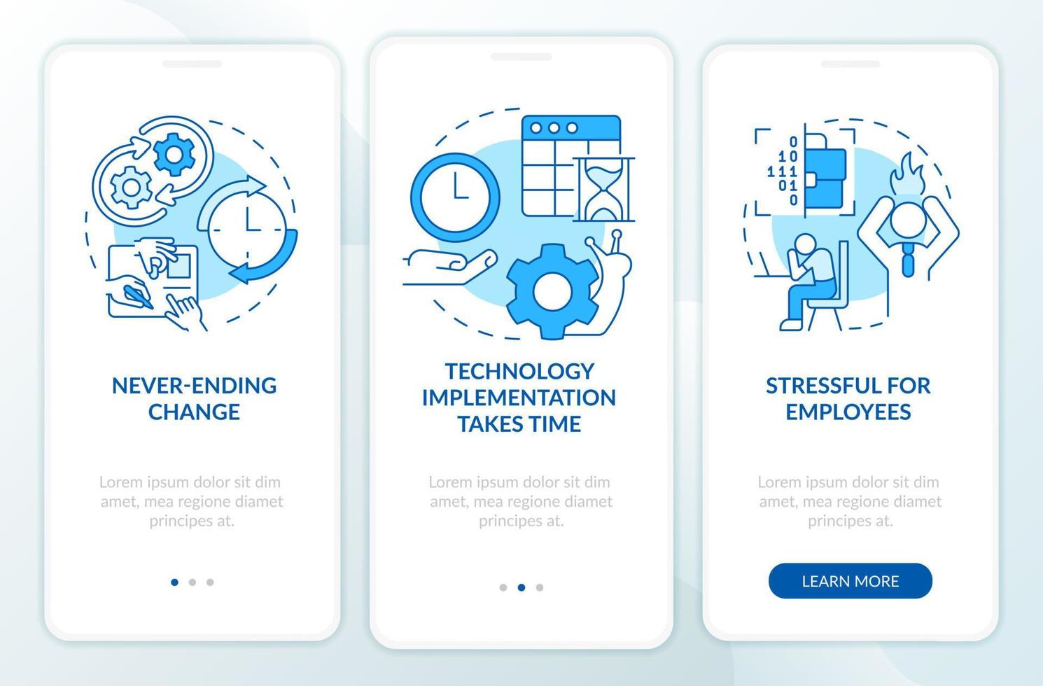 Nachteile der digitalen Transformation Blauer Onboarding-Bildschirm für mobile Apps. Komplettlösung 3 Schritte grafische Anleitungsseiten mit linearen Konzepten. ui, ux, gui-Vorlage. vektor