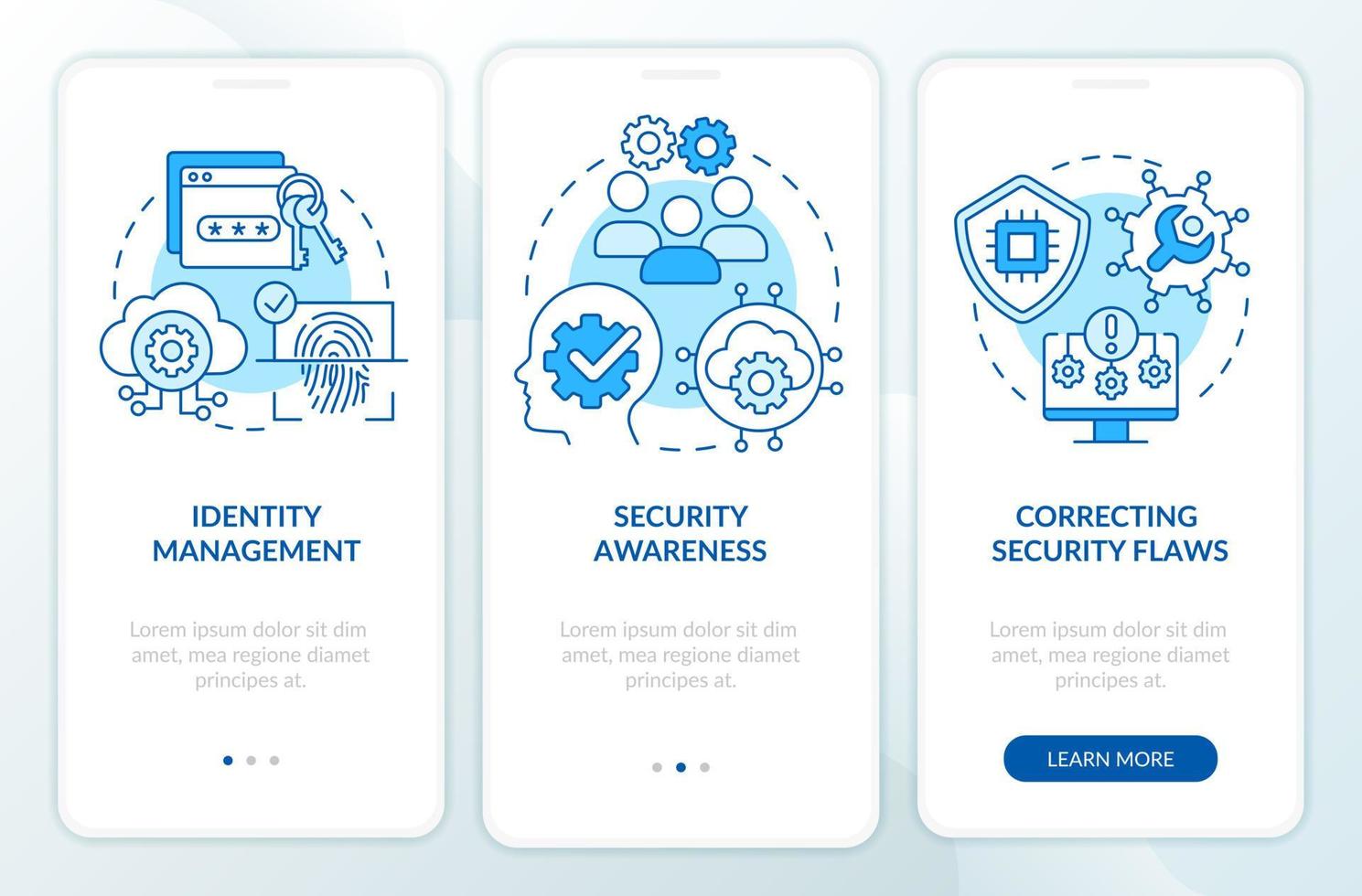 Cybersicherheitsrisikomanagement blauer Onboarding-Bildschirm für mobile Apps. Sicherheits-Walkthrough 3 Schritte grafische Anleitungsseiten mit linearen Konzepten. ui, ux, gui-Vorlage. vektor