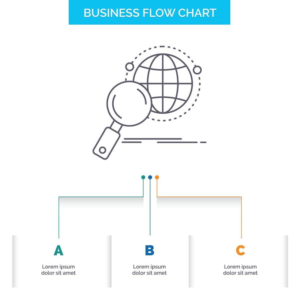 global. Globus. Lupe. Forschung. World Business Flow Chart-Design mit 3 Schritten. Liniensymbol für Präsentation Hintergrundvorlage Platz für Text vektor