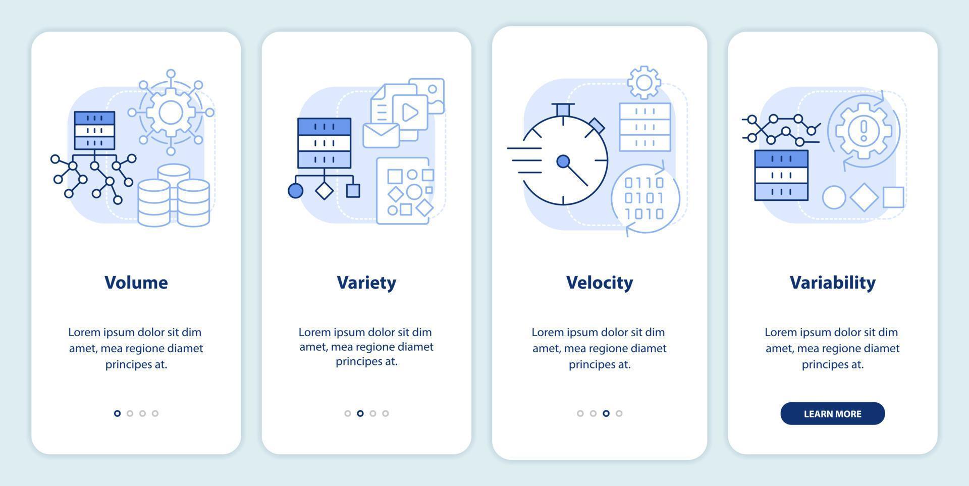 Eigenschaften von Big Data Hellblauer Onboarding-Bildschirm für mobile Apps. Komplettlösung 4 Schritte grafische Anleitungsseiten mit linearen Konzepten. ui, ux, gui-Vorlage. vektor